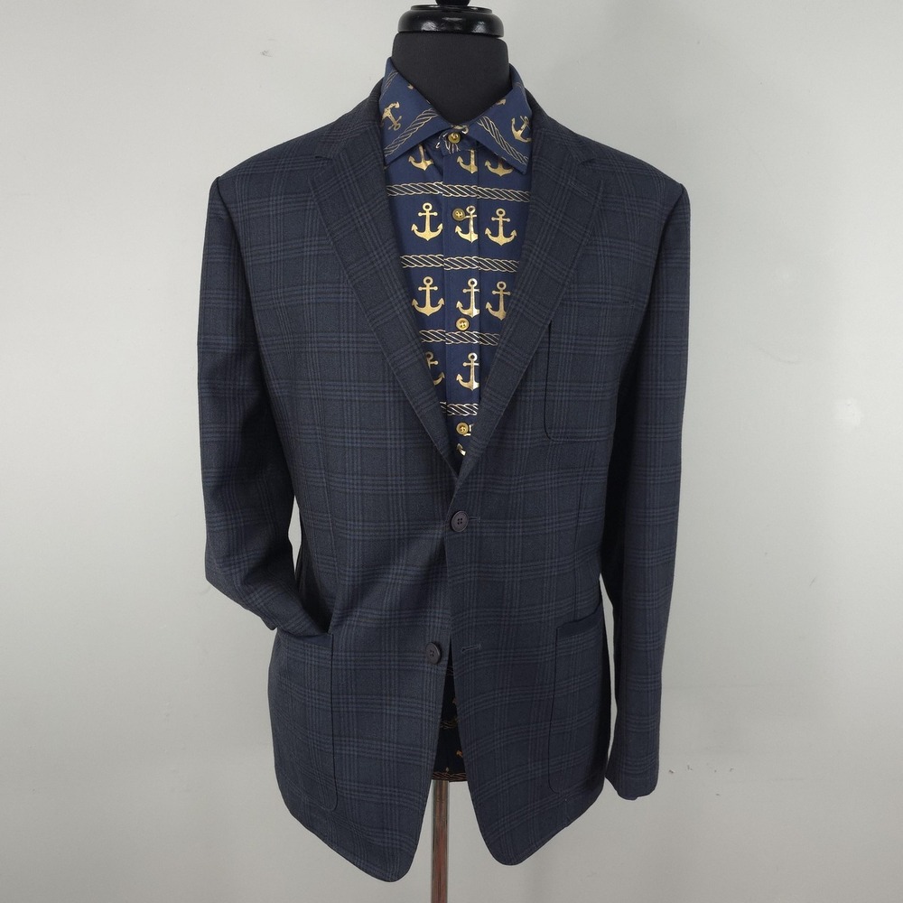 Vince Camuto Blazer Mens 44 Blue Plaid Wool Blend Regularβ Fit Sport Coat Jacket